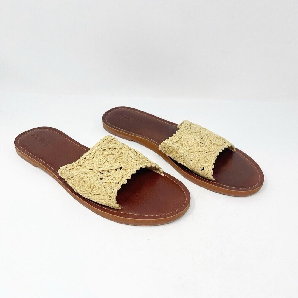 Roxy Kaia Tan/Natural Woven Slim Slide Flats Sandals Size 8.5 Beach Boho Casual